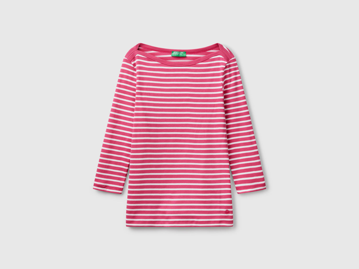 T-shirt manica 3/4 a righe in puro cotone da donna fragola | Benetton Outlet