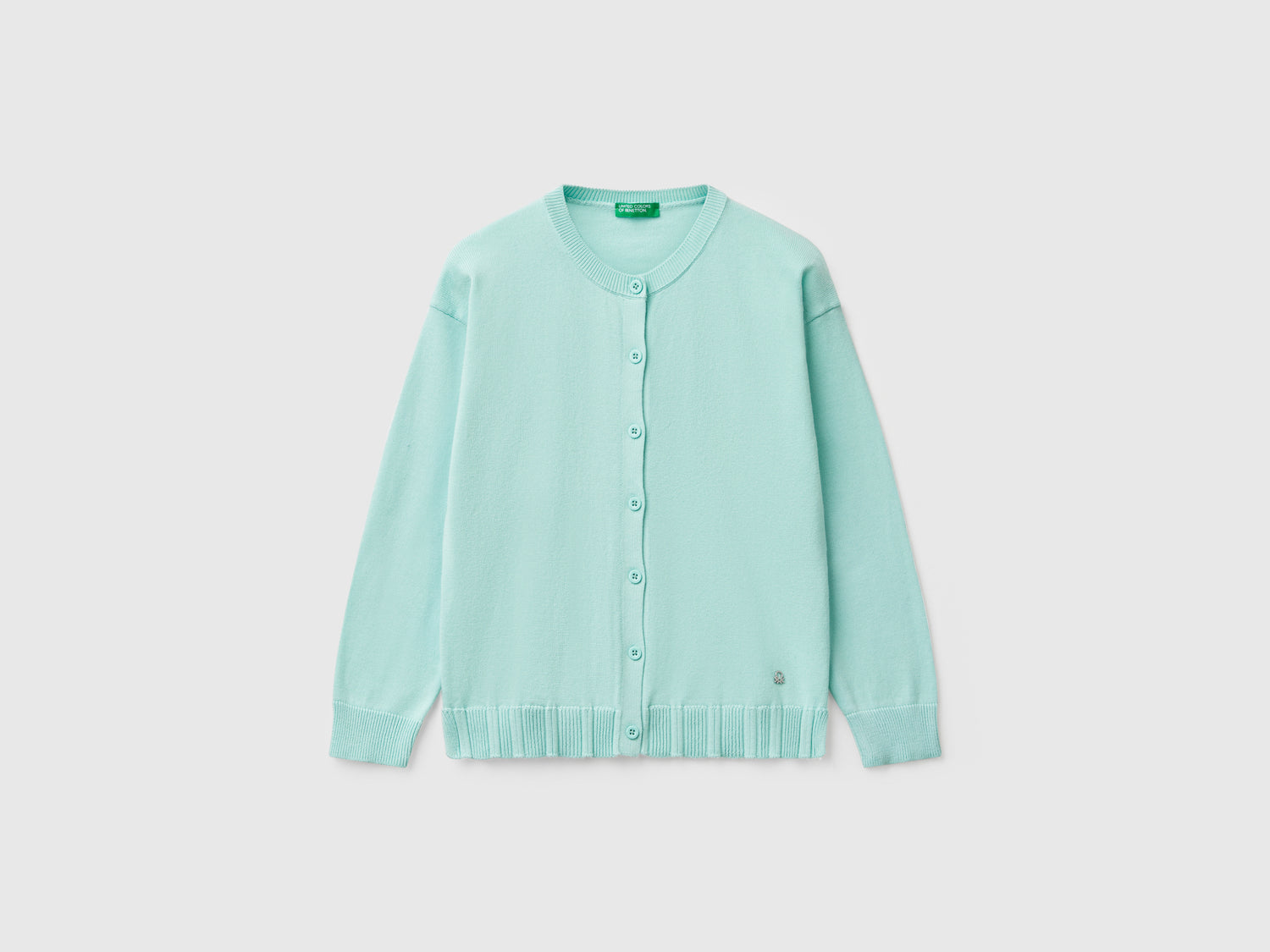 Crew neck cardigan in pure cotton da bambina verde acqua | Benetton Outlet