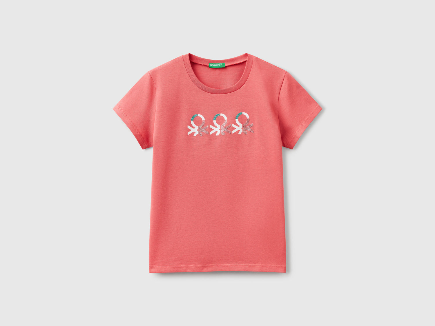 Cotton T-shirt with glitter logo da bambina ciclamino | Benetton Outlet