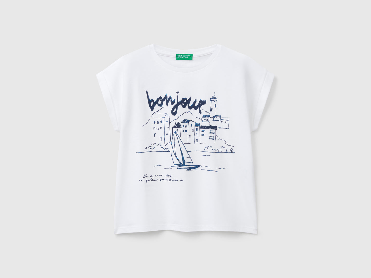 Boxy fit T-shirt with print and glitter da bambina bianco | Benetton Outlet