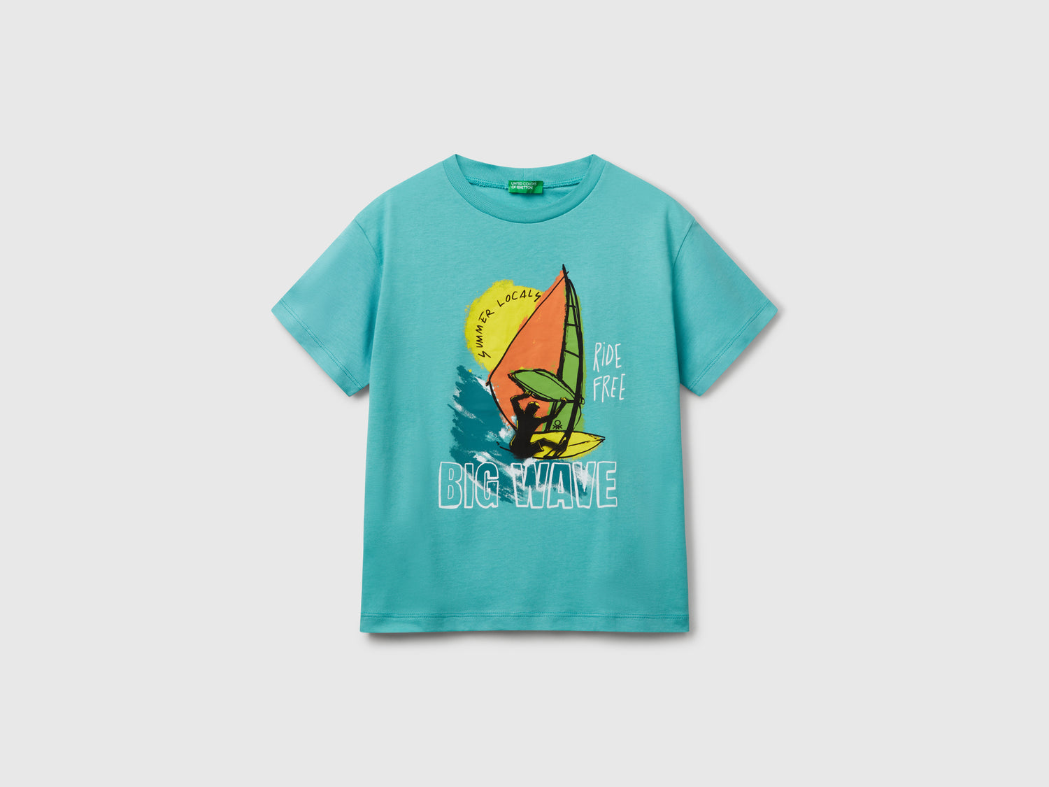 Maglietta in cotone con stampa da bambino verde acqua | Benetton Outlet