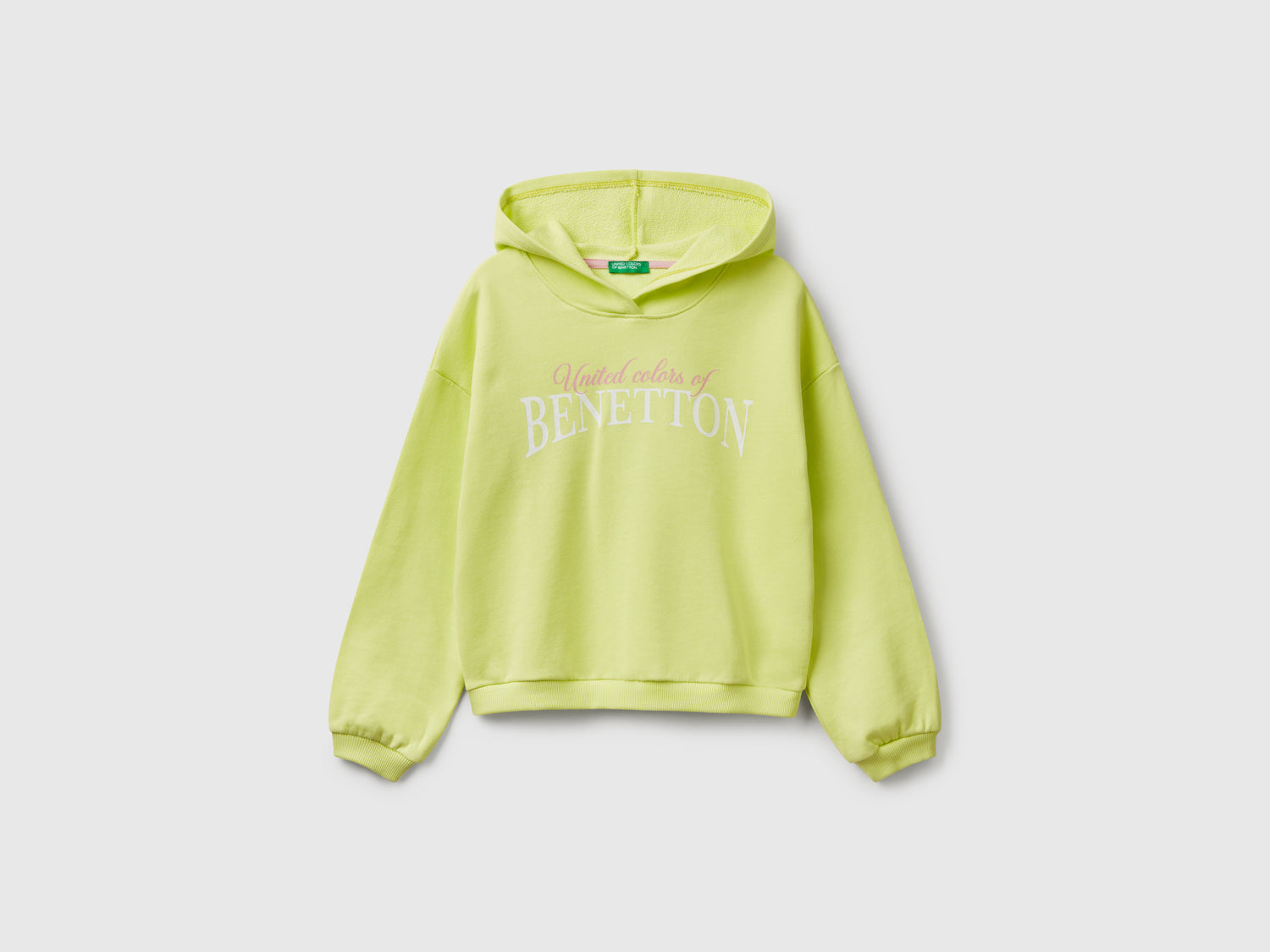 Felpa con stampa e cappuccio da bambina lime | Benetton Outlet