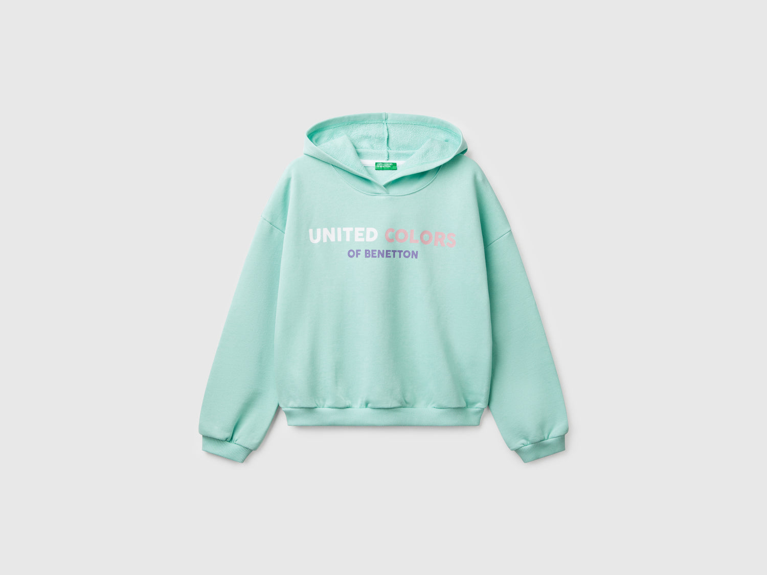 Felpa con stampa e cappuccio da bambina verde acqua | Benetton Outlet