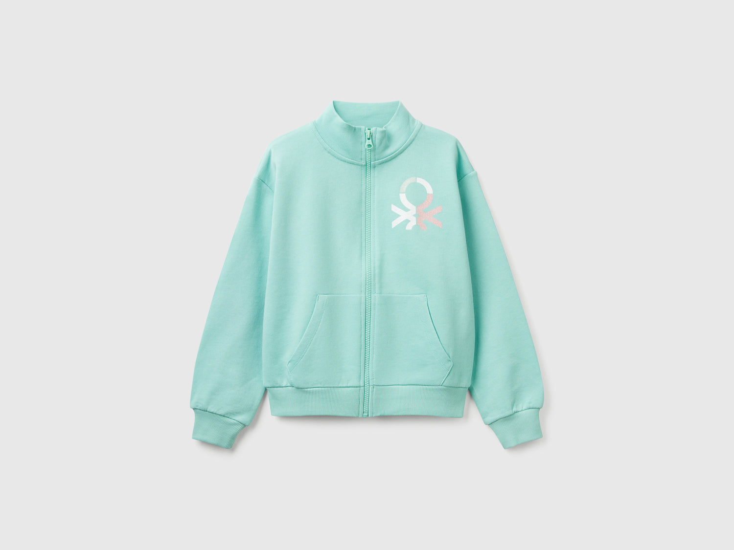 Felpa con zip e collo alto da bambina verde acqua | Benetton Outlet