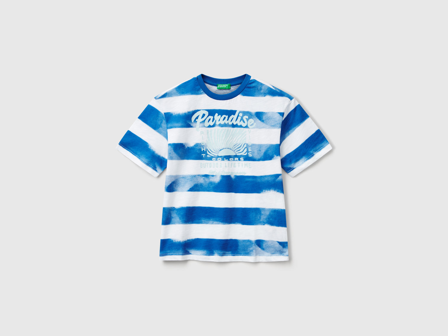 T-shirt a righe con stampa davanti e dietro da bambino blu | Benetton Outlet