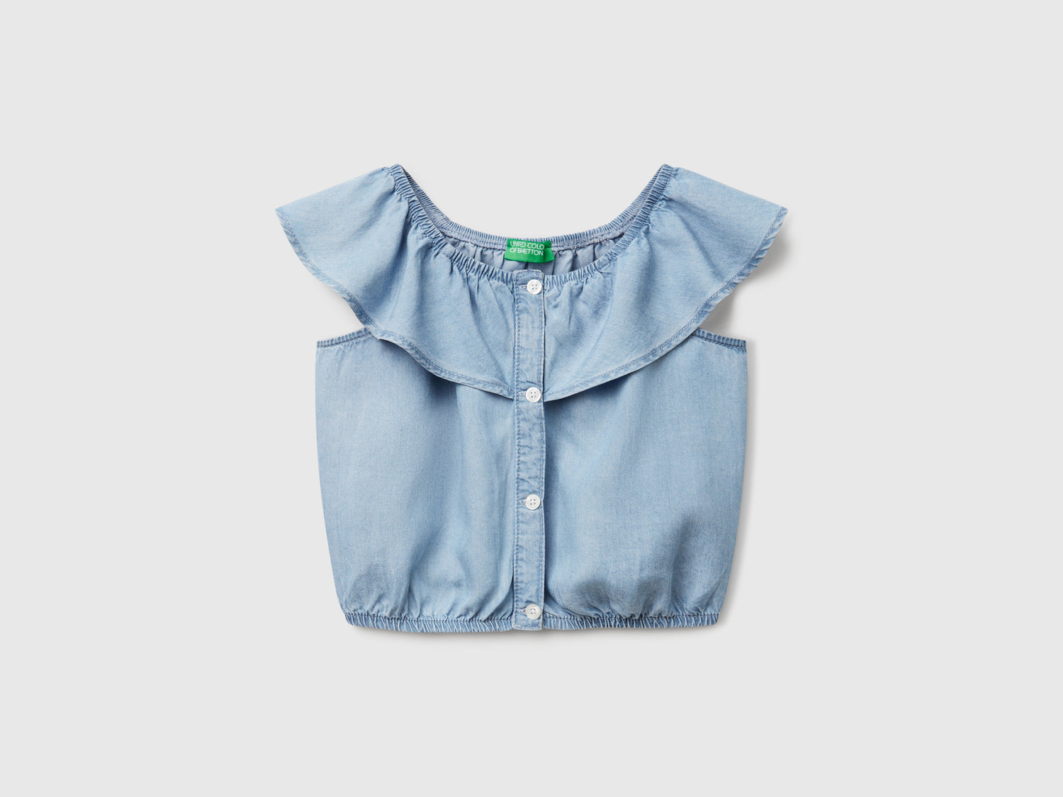 Chambray top with ruffles da bambina azzurro | Benetton Outlet