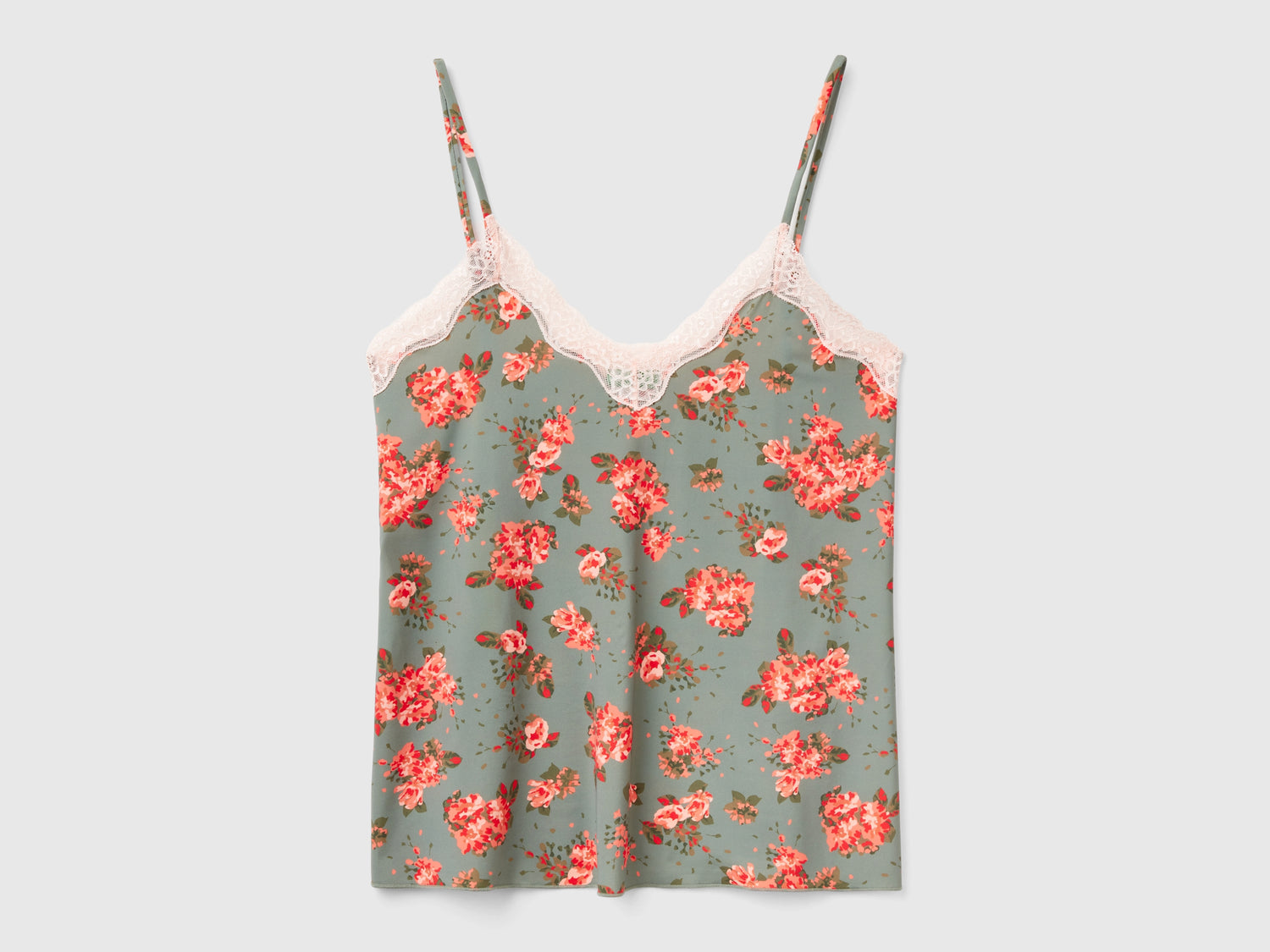 Camiseta de tirantes con encaje y estampado de flores da donna verde chiaro | Benetton Outlet