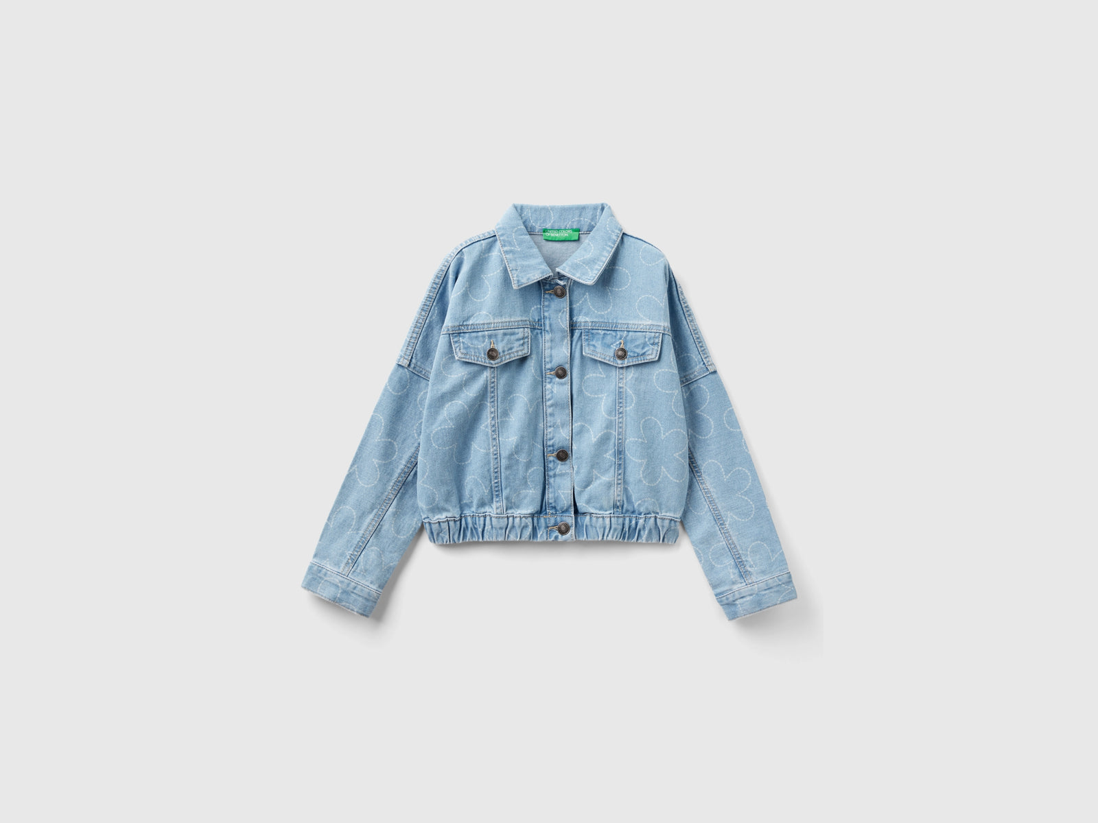 Giacca di jeans con stampa fiori da bambina celeste | Benetton Outlet