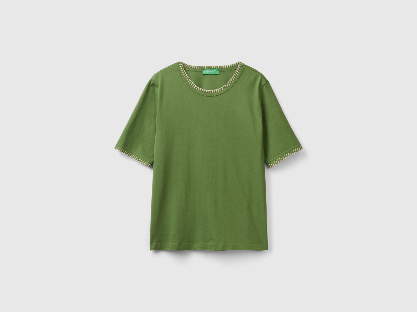 Maglietta girocollo in cotone da donna verde militare | Benetton Outlet