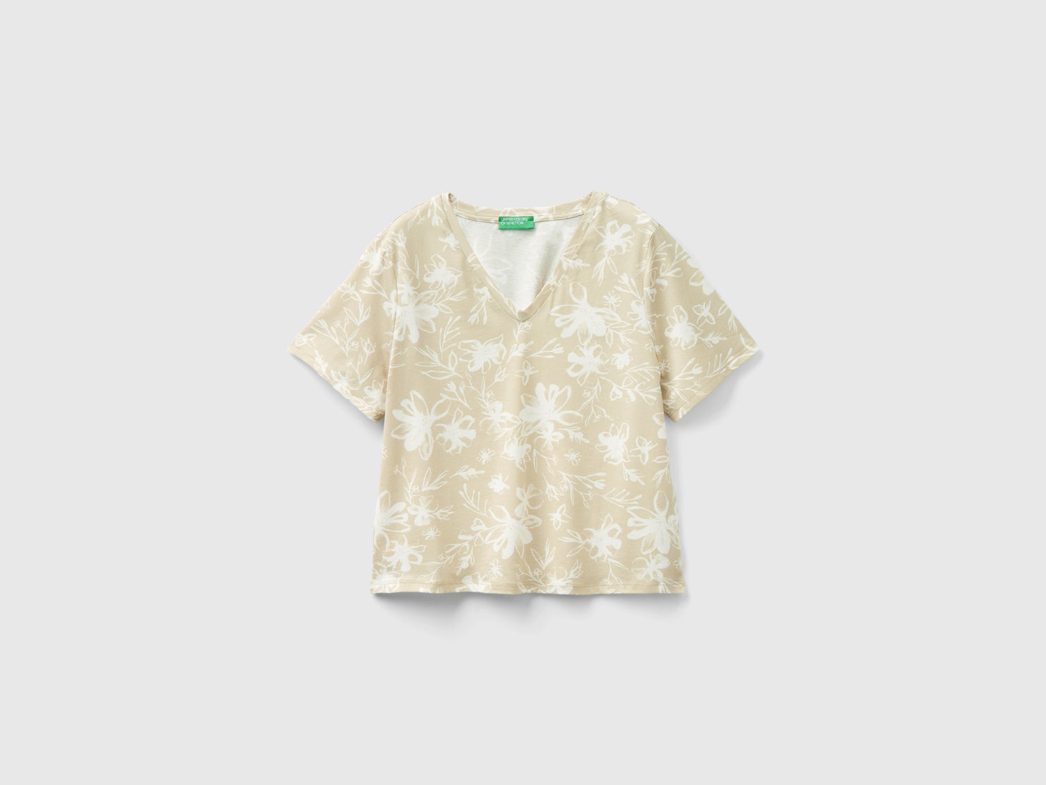 T-shirt fantasia in cotone a fibra lunga da donna beige | Benetton Outlet