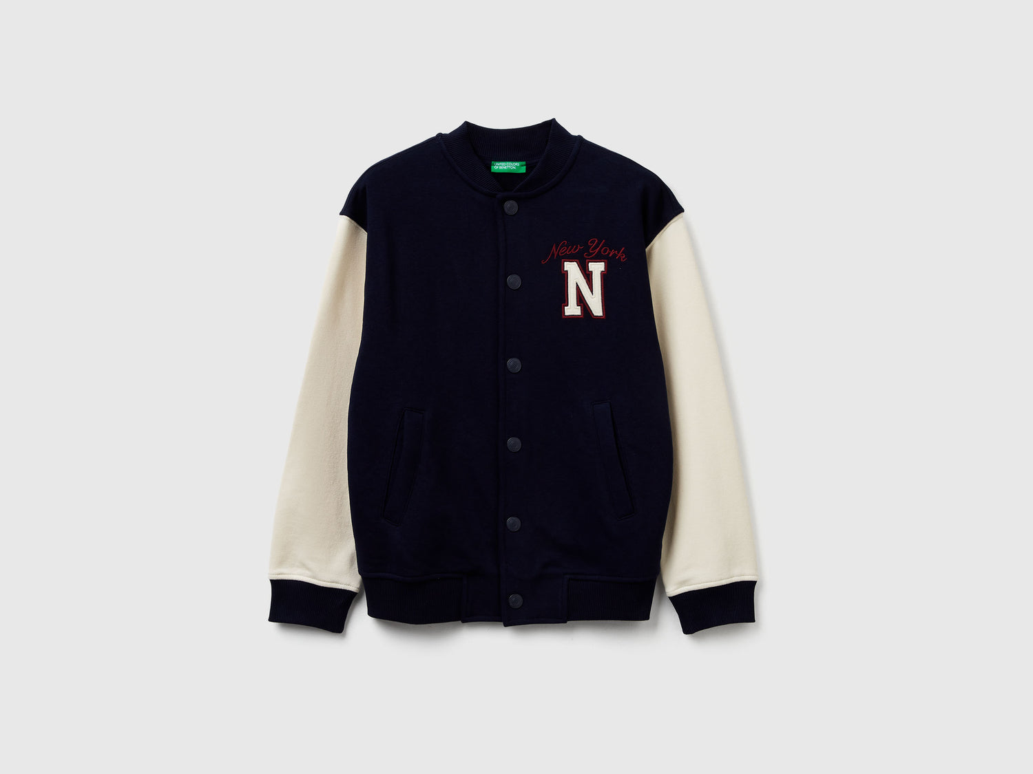 Bomber over fit con ricamo da bambino blu scuro | Benetton Outlet