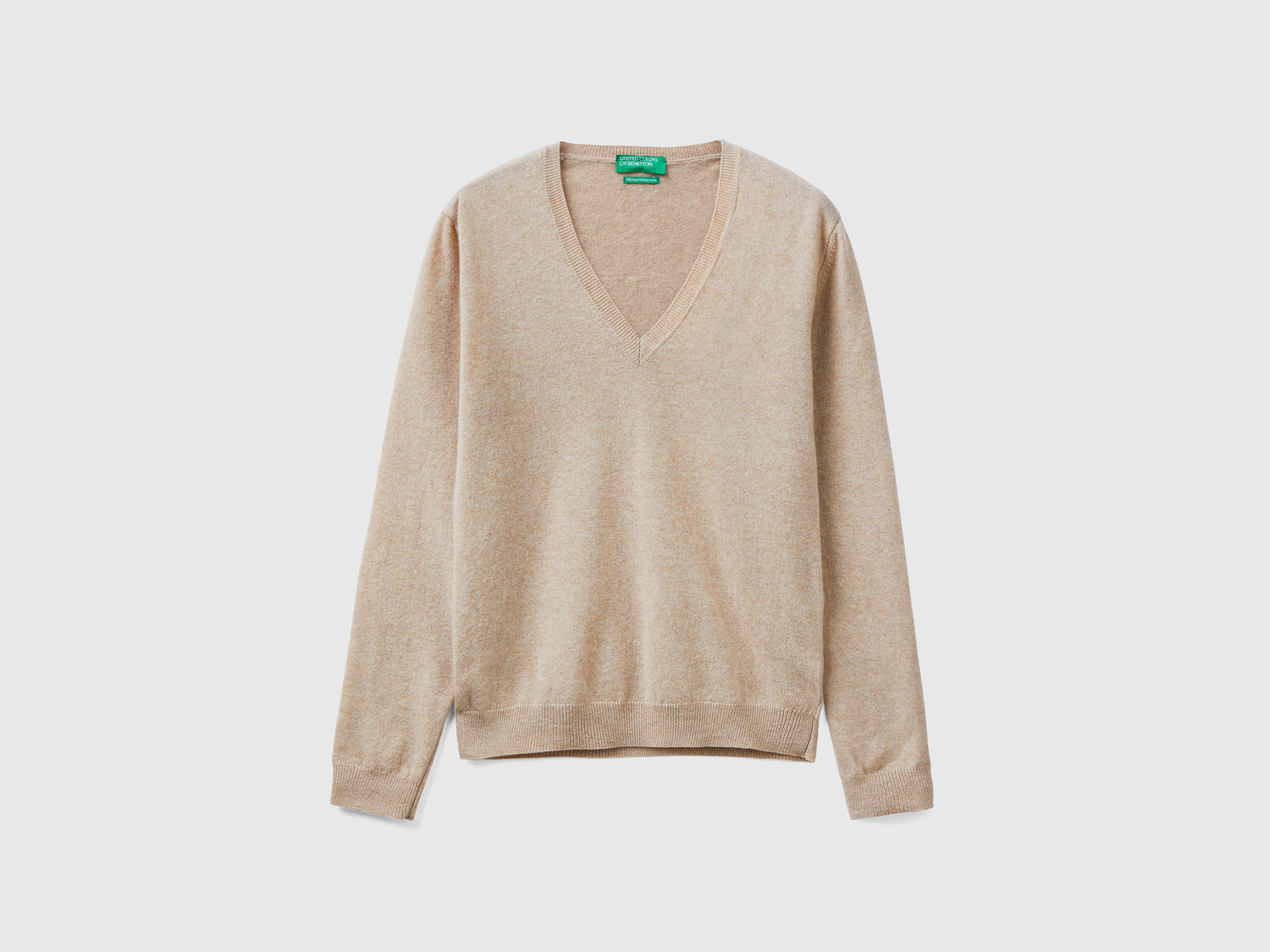 Maglia con scollo a V in pura lana Merino da donna beige | Benetton Outlet