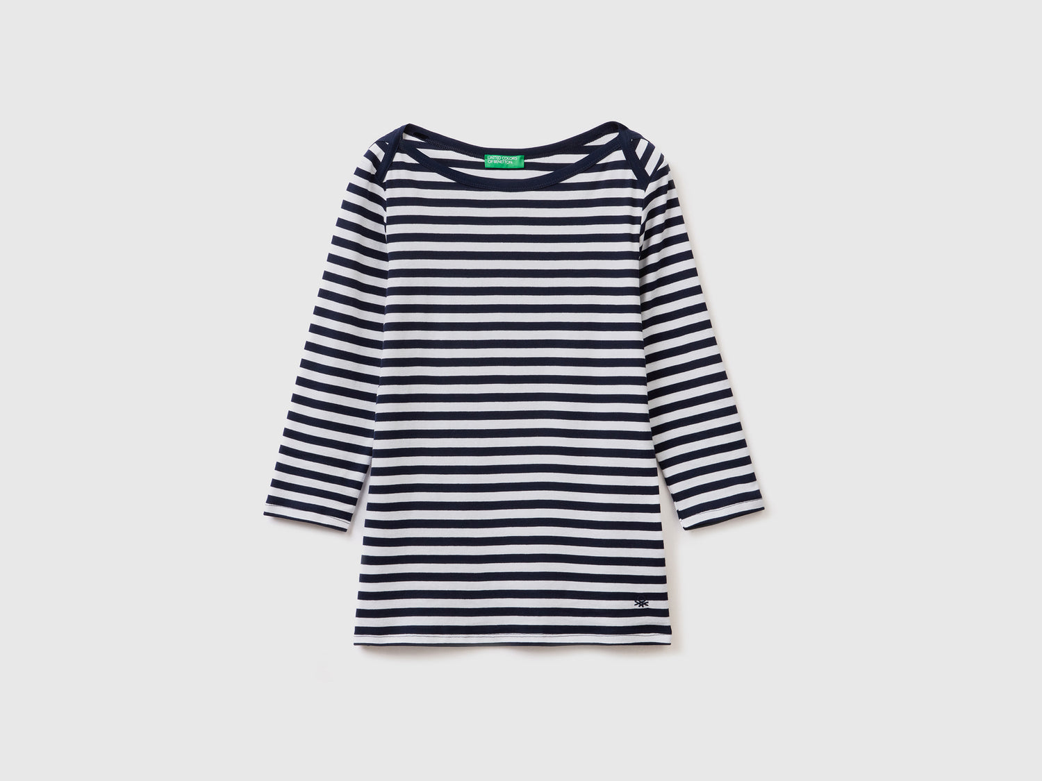 T-shirt manica 3/4 a righe in puro cotone da donna blu scuro | Benetton Outlet