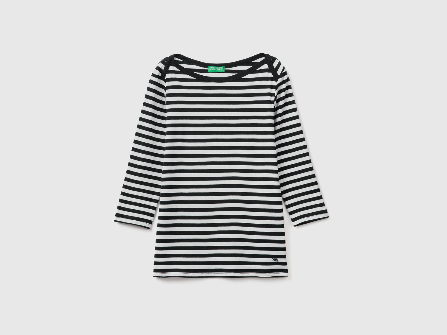 T-shirt manica 3/4 a righe in puro cotone da donna nero | Benetton Outlet