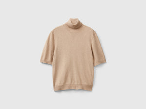 Dolcevita cammello a manica corta in misto cashmere