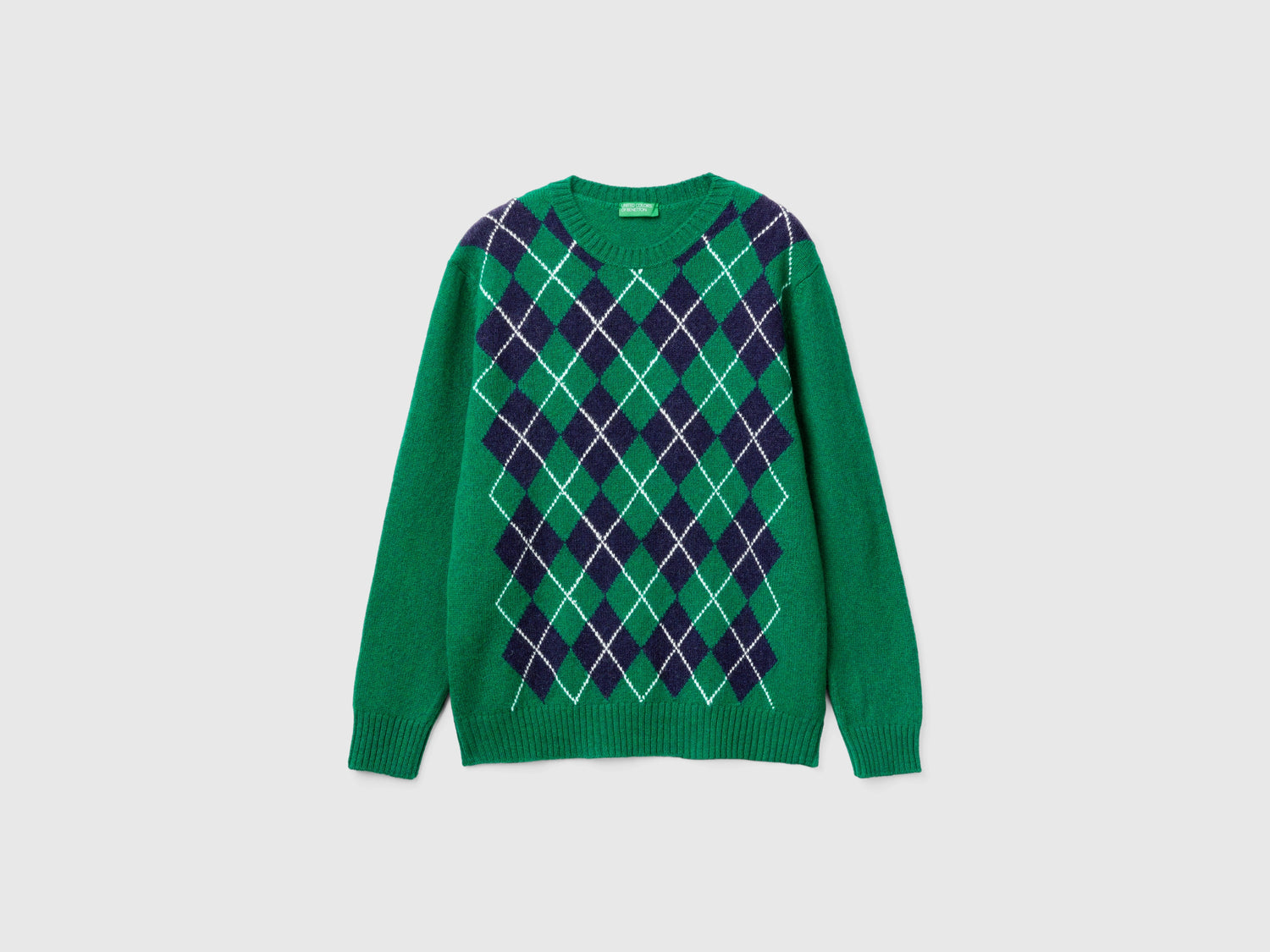 Maglia a rombi in pura lana Shetland da uomo verde scuro | Benetton Outlet
