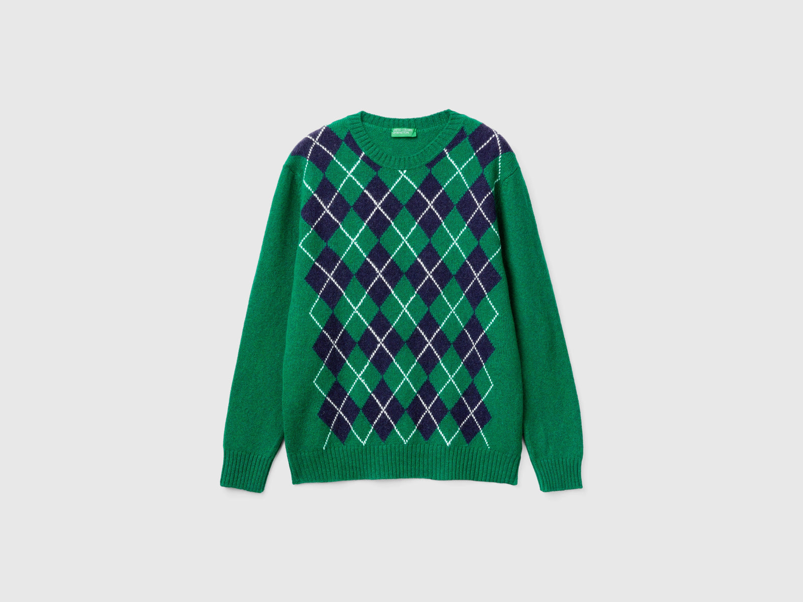Maglia a rombi in pura lana Shetland da uomo verde scuro | Benetton Outlet