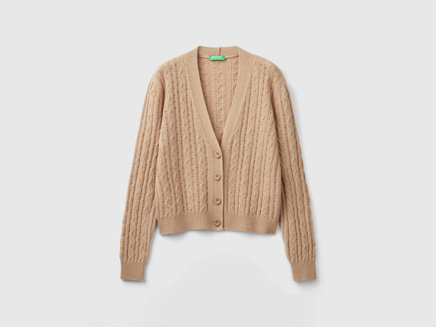 Boxy fit cardigan with cables and openwork da donna cammello | Benetton Outlet