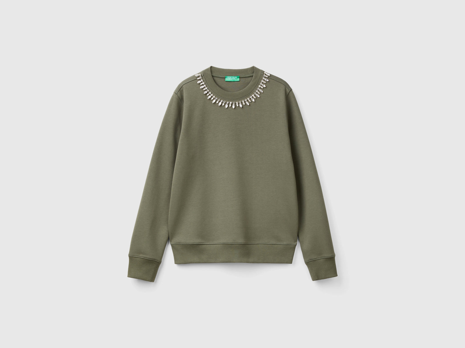 Sweatshirt with jewel-effect applications da donna verde militare | Benetton Outlet