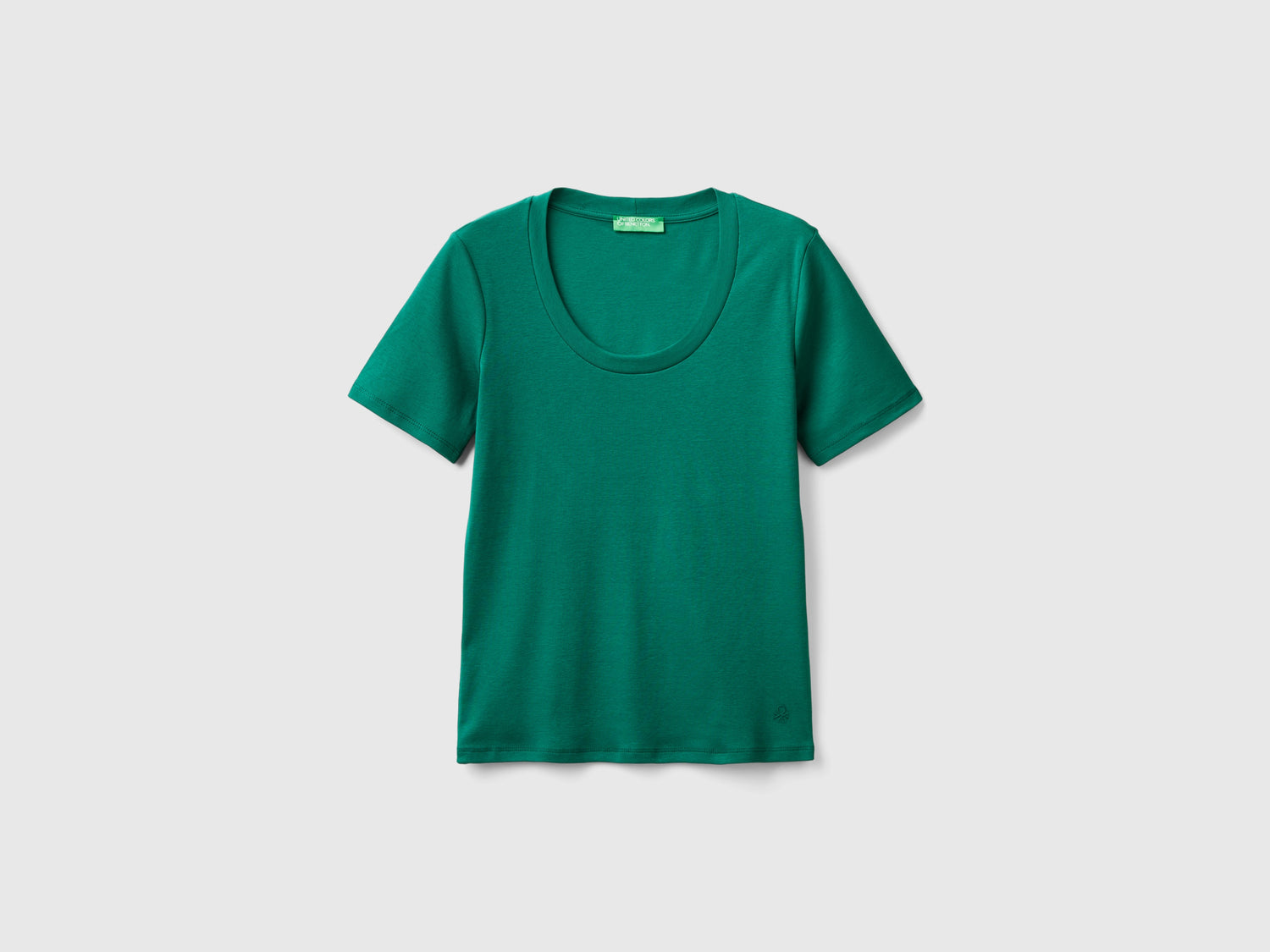 T-shirt manica corta in cotone a fibra lunga da donna verde scuro | Benetton Outlet