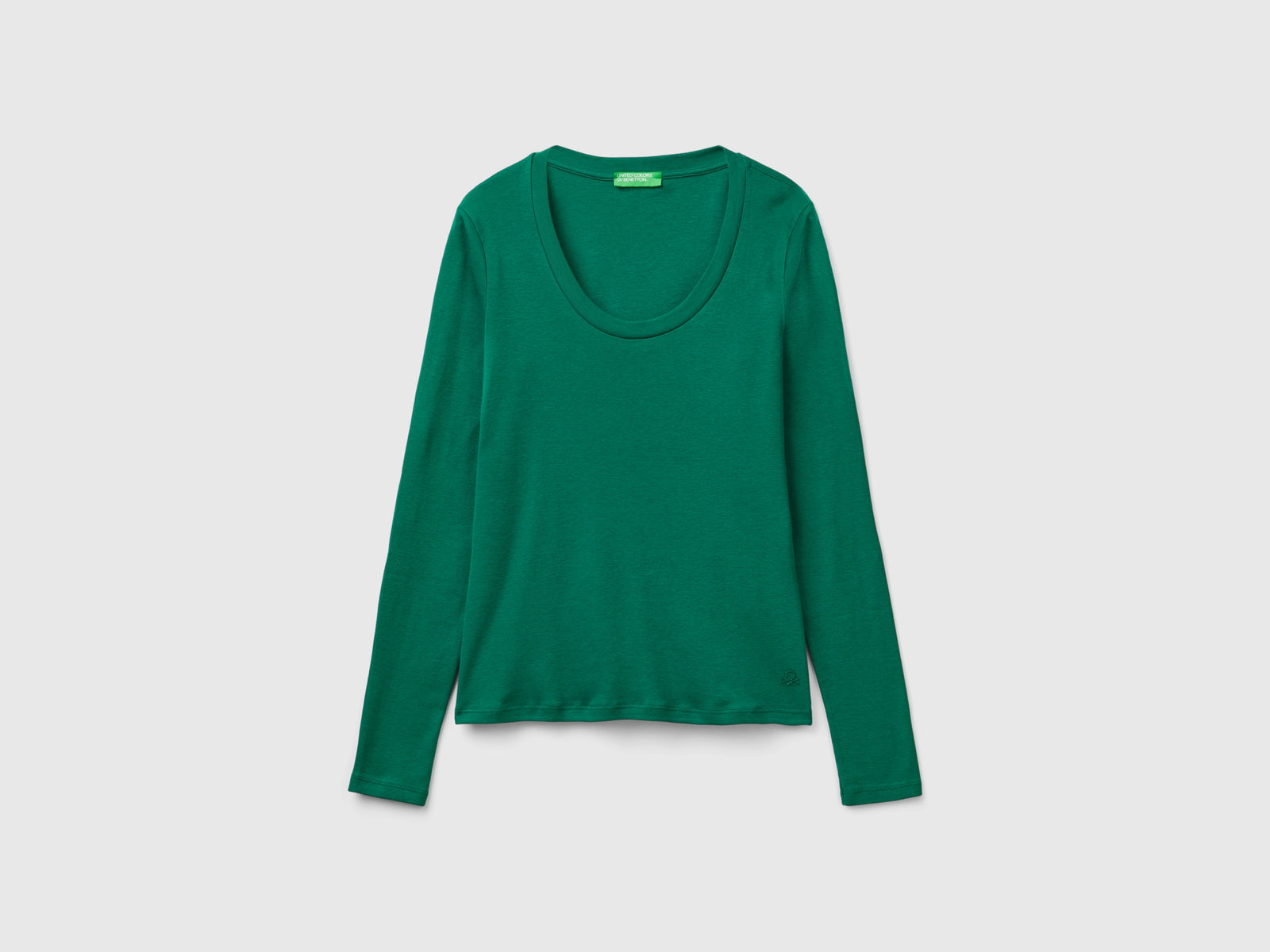 T-shirt manica lunga in puro cotone da donna verde scuro | Benetton Outlet