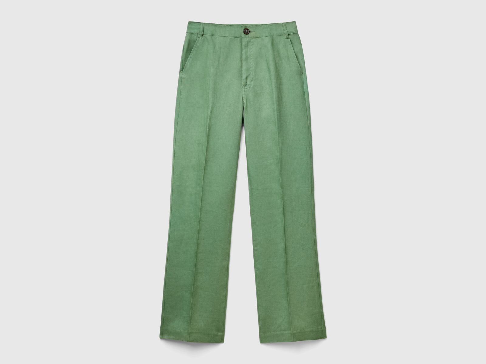 Pantaloni gamba dritta in puro lino da donna verde | Benetton Outlet