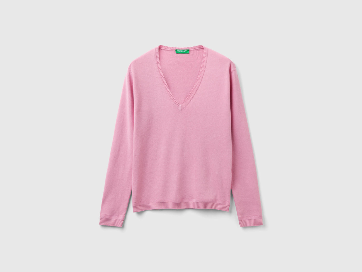 Maglia in puro cotone con scollo a V da donna rosa pastello | Benetton Outlet