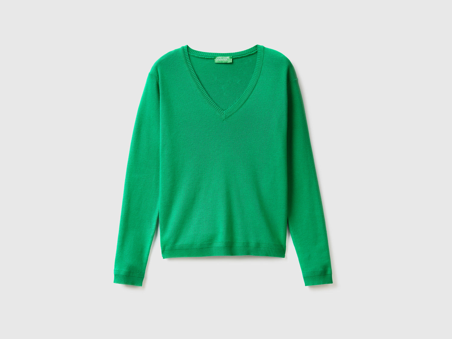 Maglia in puro cotone con scollo a V da donna verde | Benetton Outlet