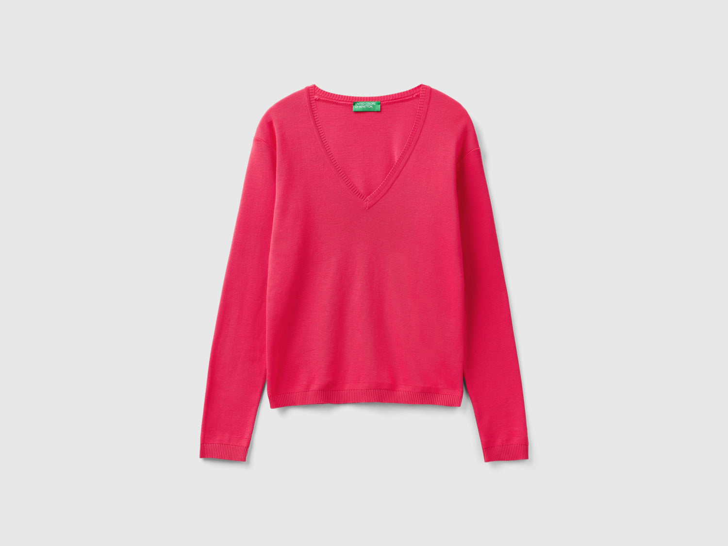 Maglia in puro cotone con scollo a V da donna fucsia | Benetton Outlet