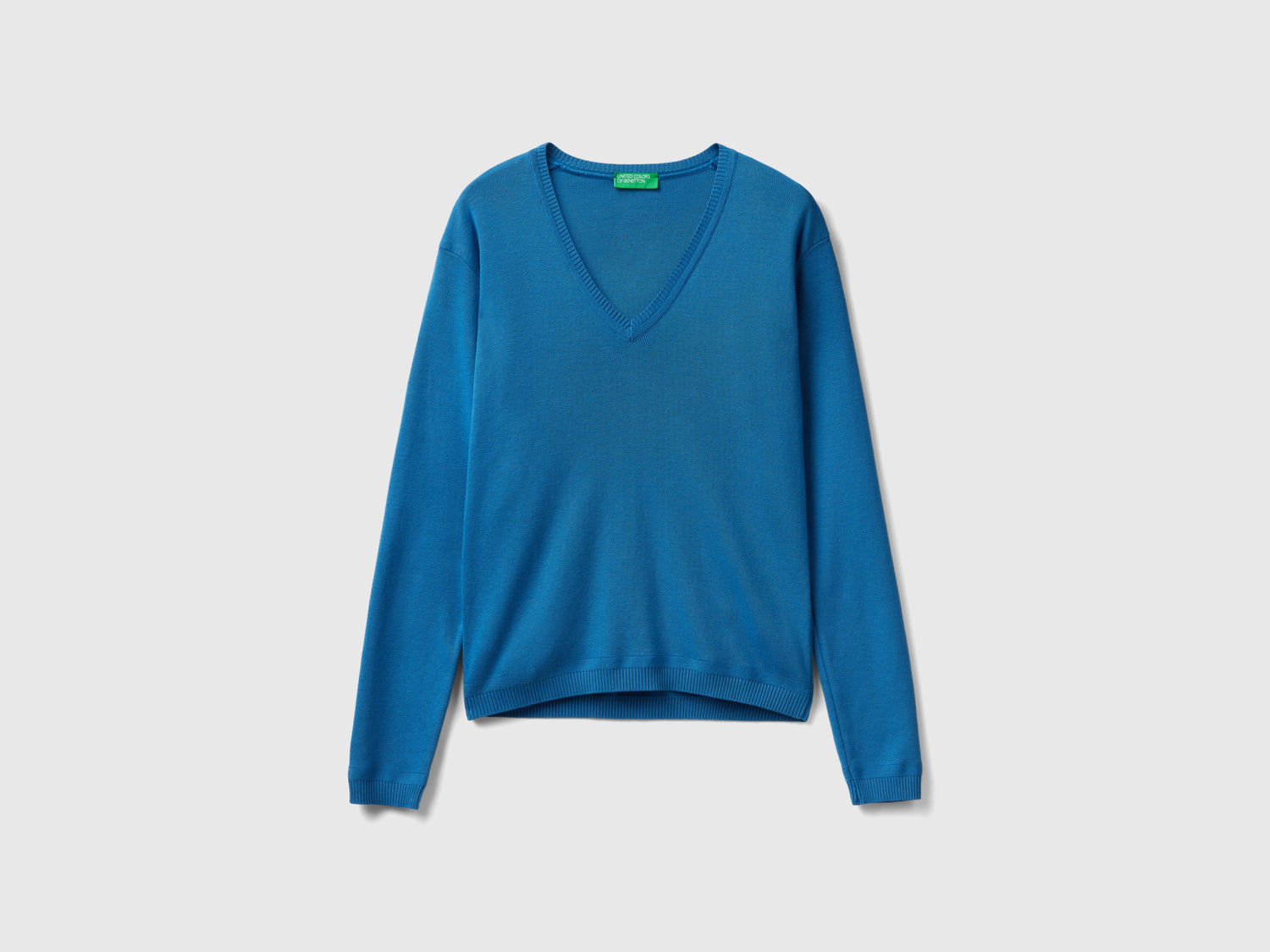 Maglia in puro cotone con scollo a V da donna blu | Benetton Outlet