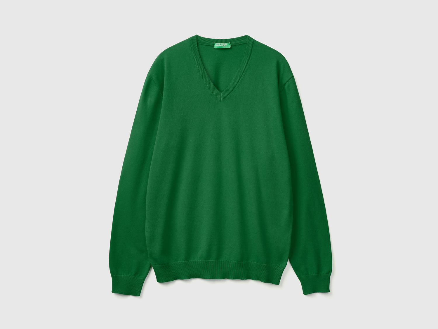 Maglia in puro cotone con scollo a V da uomo verde scuro | Benetton Outlet