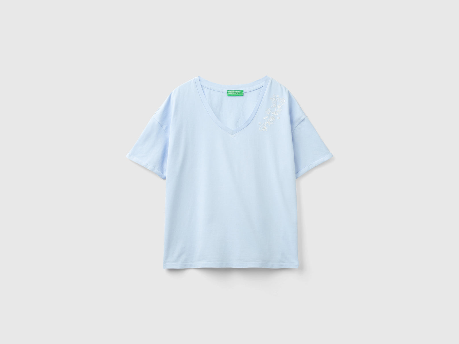 Maglietta con ricamo floreale da donna celeste | Benetton Outlet