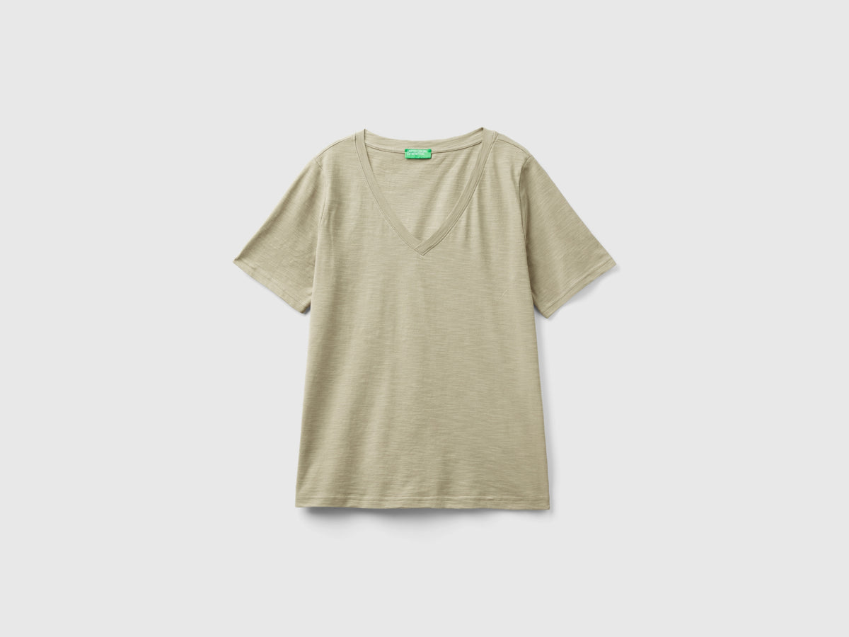 T-shirt scollo a V in cotone fiammato