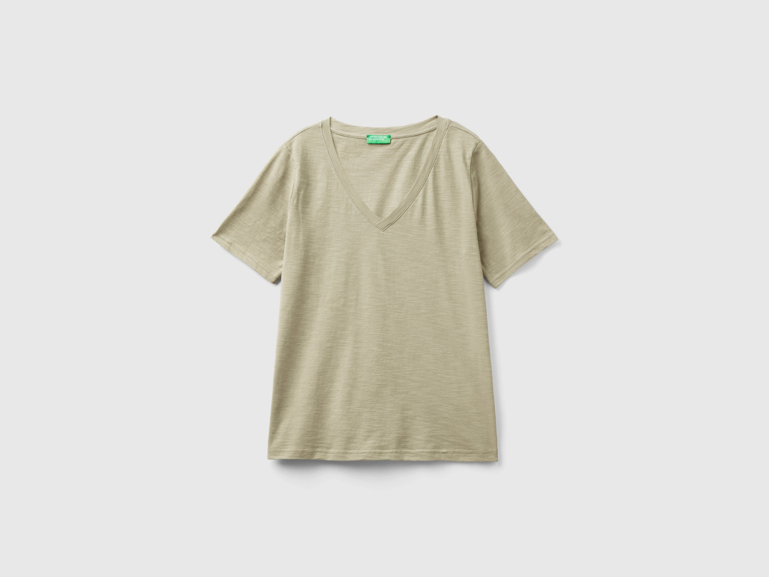 T-shirt scollo a V in cotone fiammato da donna beige | Benetton Outlet