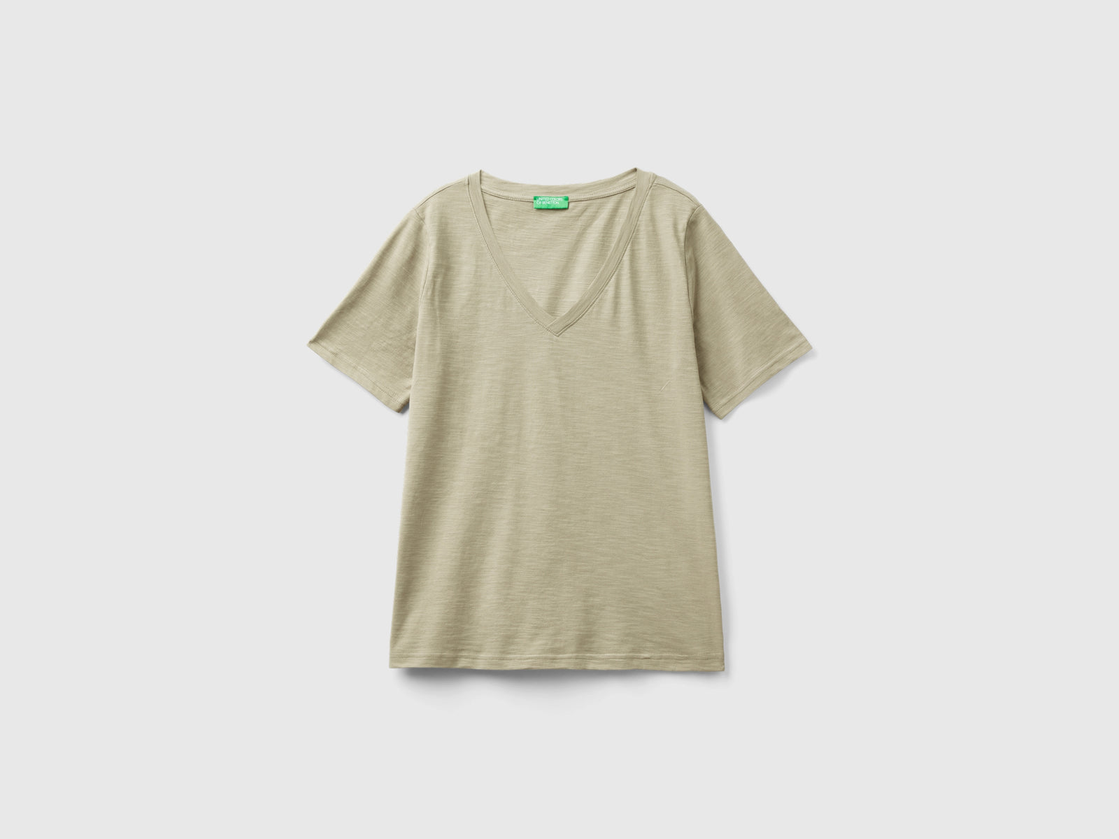 T-shirt scollo a V in cotone fiammato da donna beige | Benetton Outlet