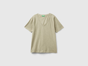 T-shirt scollo a V in cotone fiammato