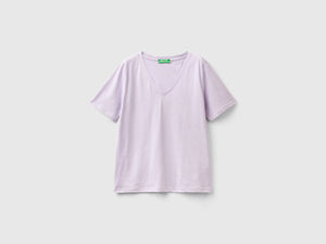 T-shirt scollo a V in cotone fiammato
