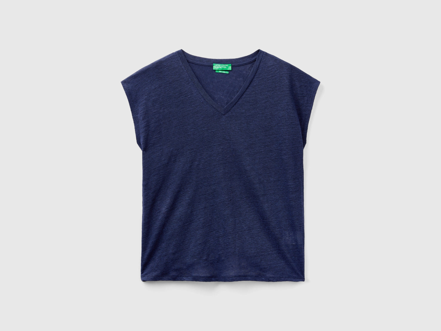 T-shirt scollo a V in puro lino da donna blu scuro | Benetton Outlet