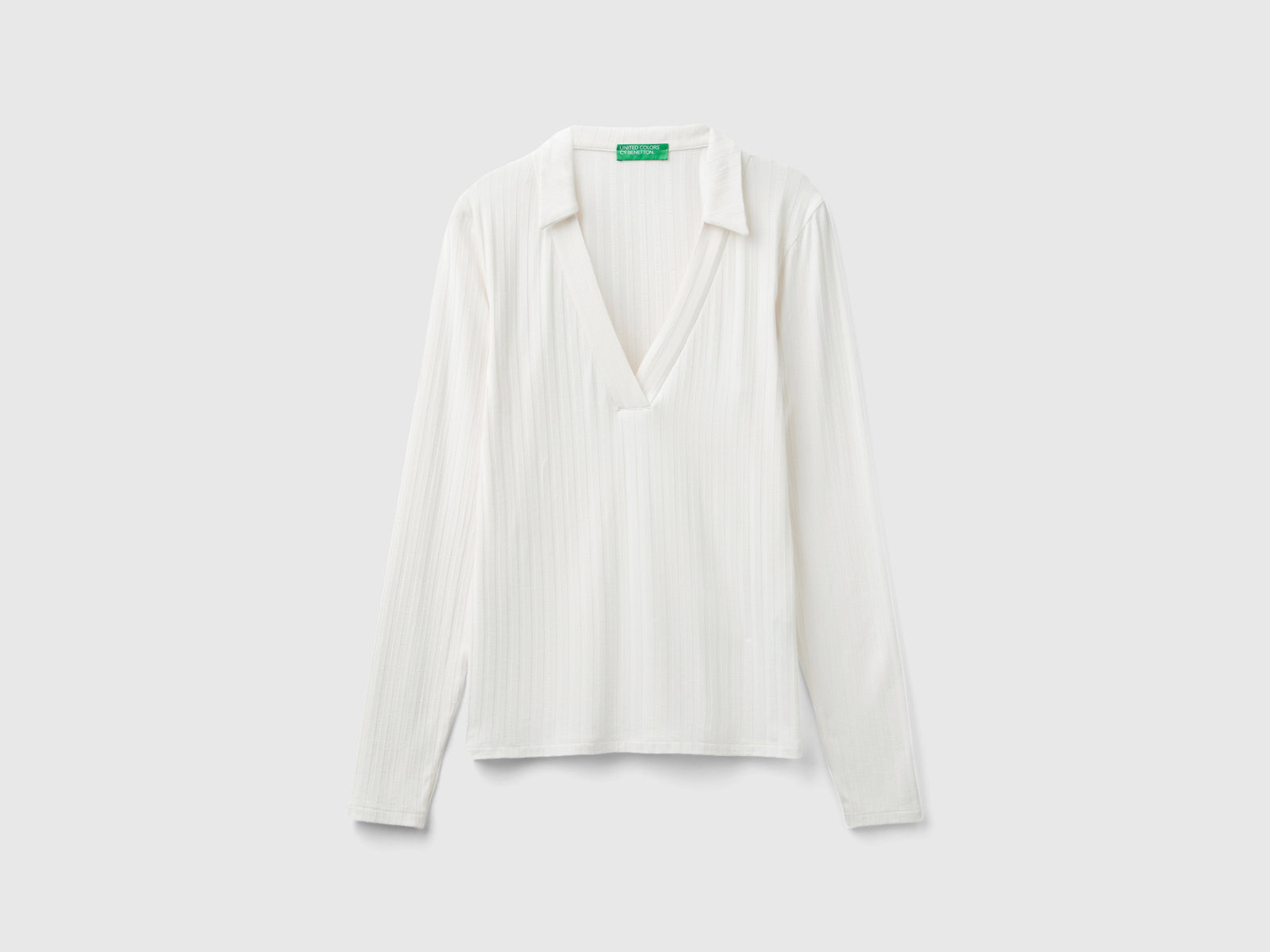 T-shirt a costine con colletto da donna bianco panna | Benetton Outlet