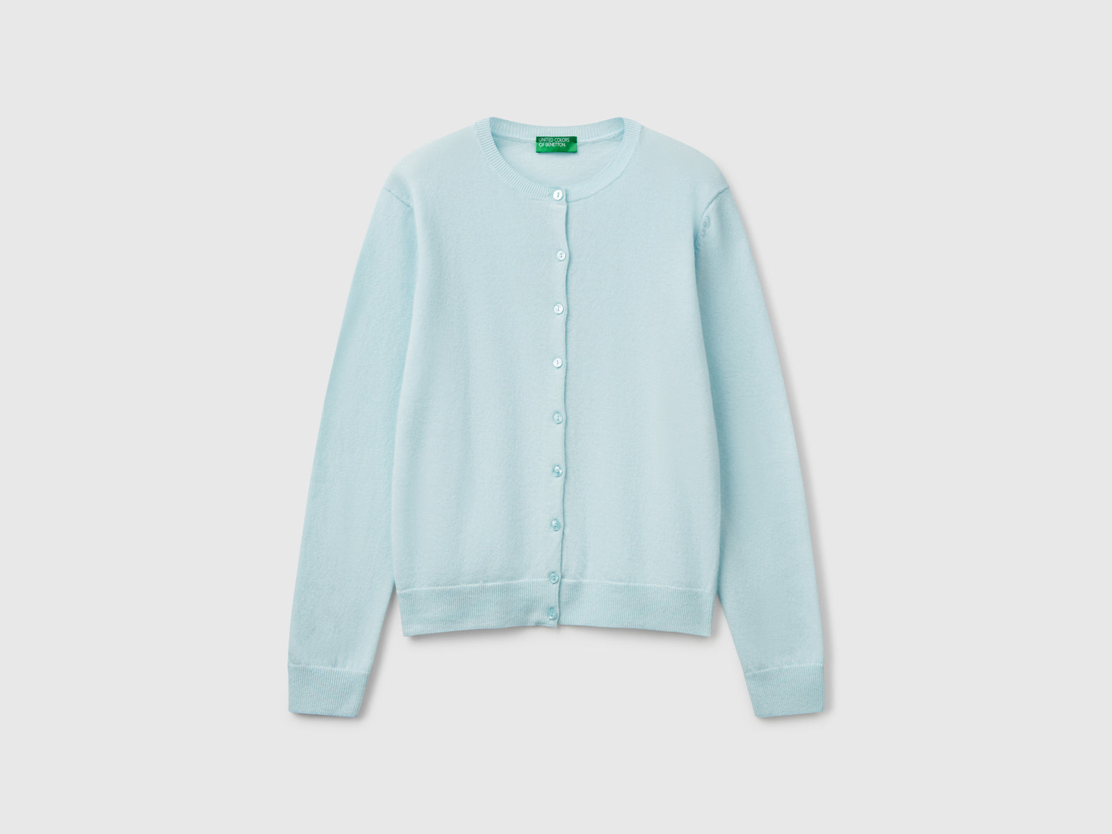 Cardigan girocollo in pura lana Merino da donna turchese | Benetton Outlet