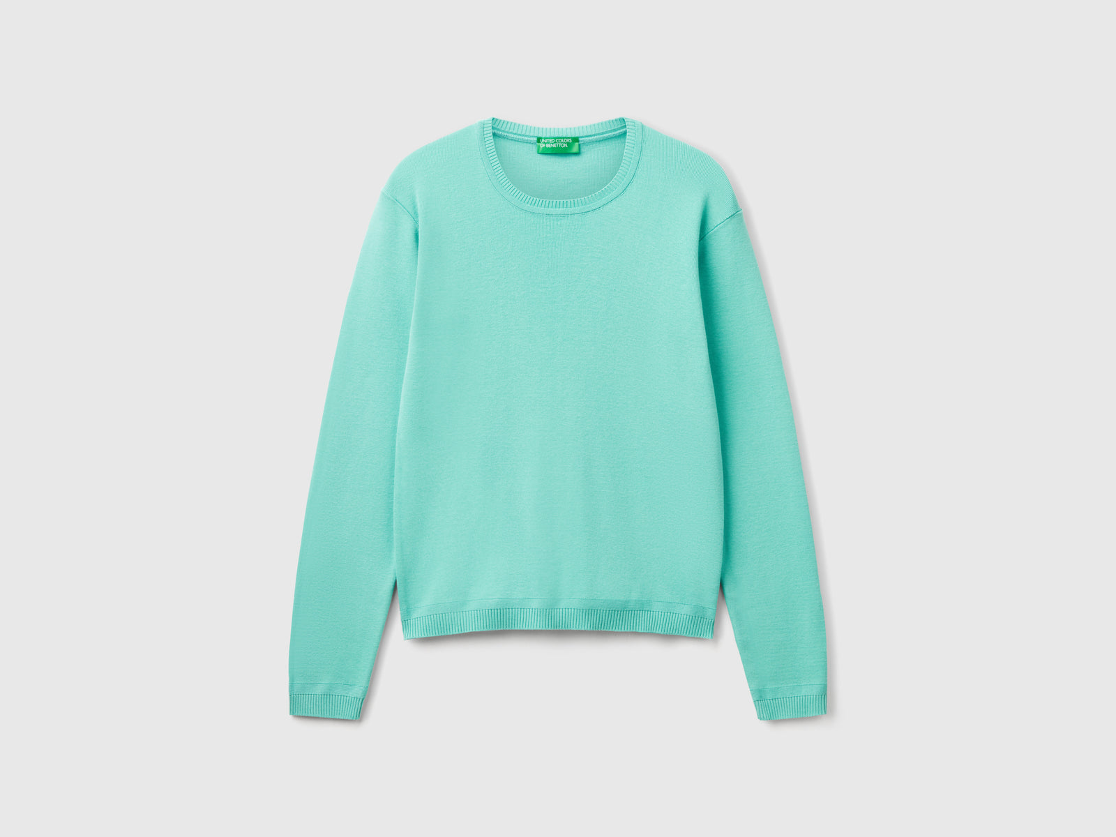 Maglia girocollo in puro cotone da donna verde acqua | Benetton Outlet