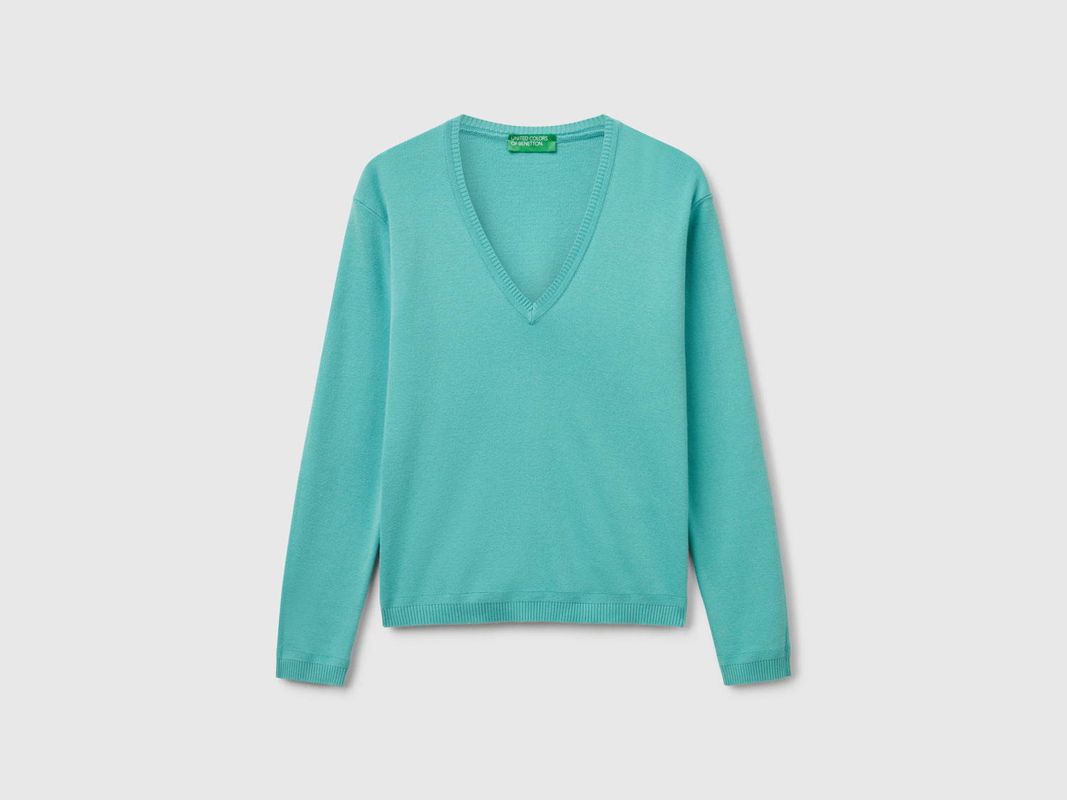 Maglia in puro cotone con scollo a V da donna verde acqua | Benetton Outlet