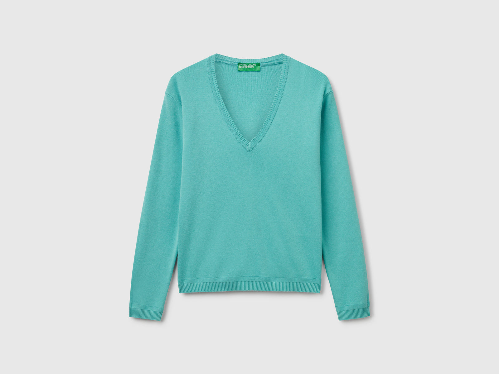 Maglia in puro cotone con scollo a V da donna verde acqua | Benetton Outlet