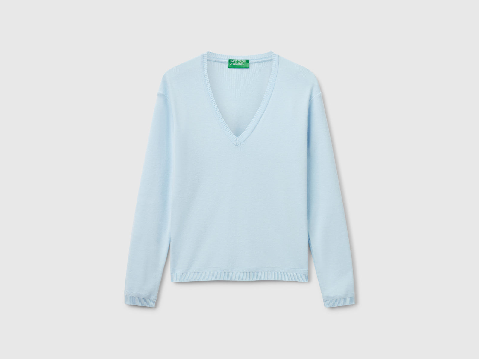 Maglia in puro cotone con scollo a V da donna celeste | Benetton Outlet