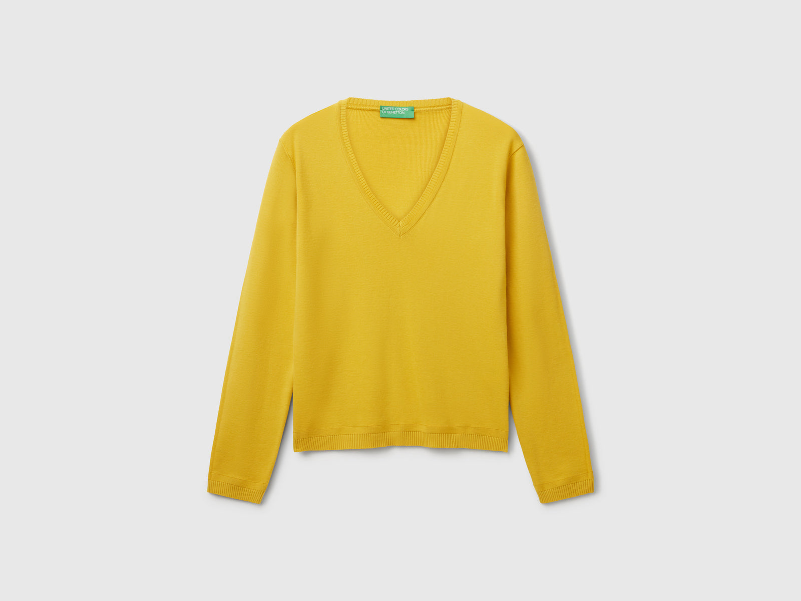 Pure cotton V-neck sweater da donna senape | Benetton Outlet