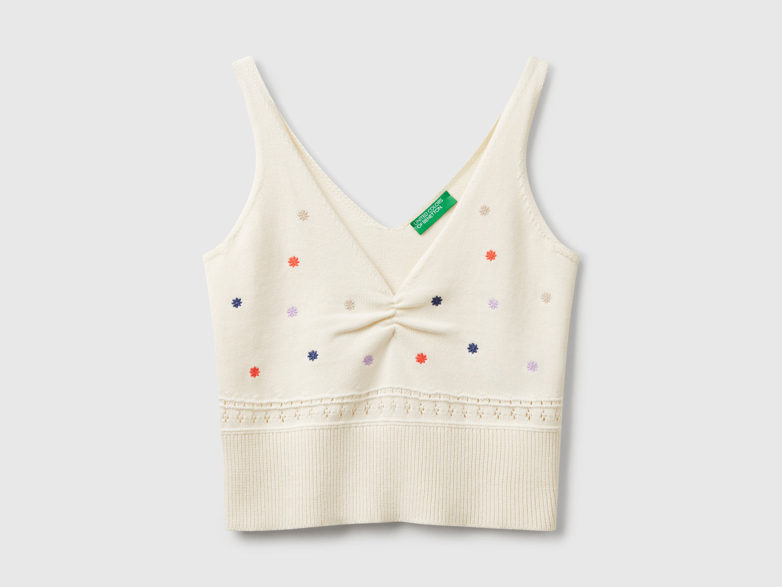 Canotta in maglia con ricamo fiori da donna bianco panna | Benetton Outlet