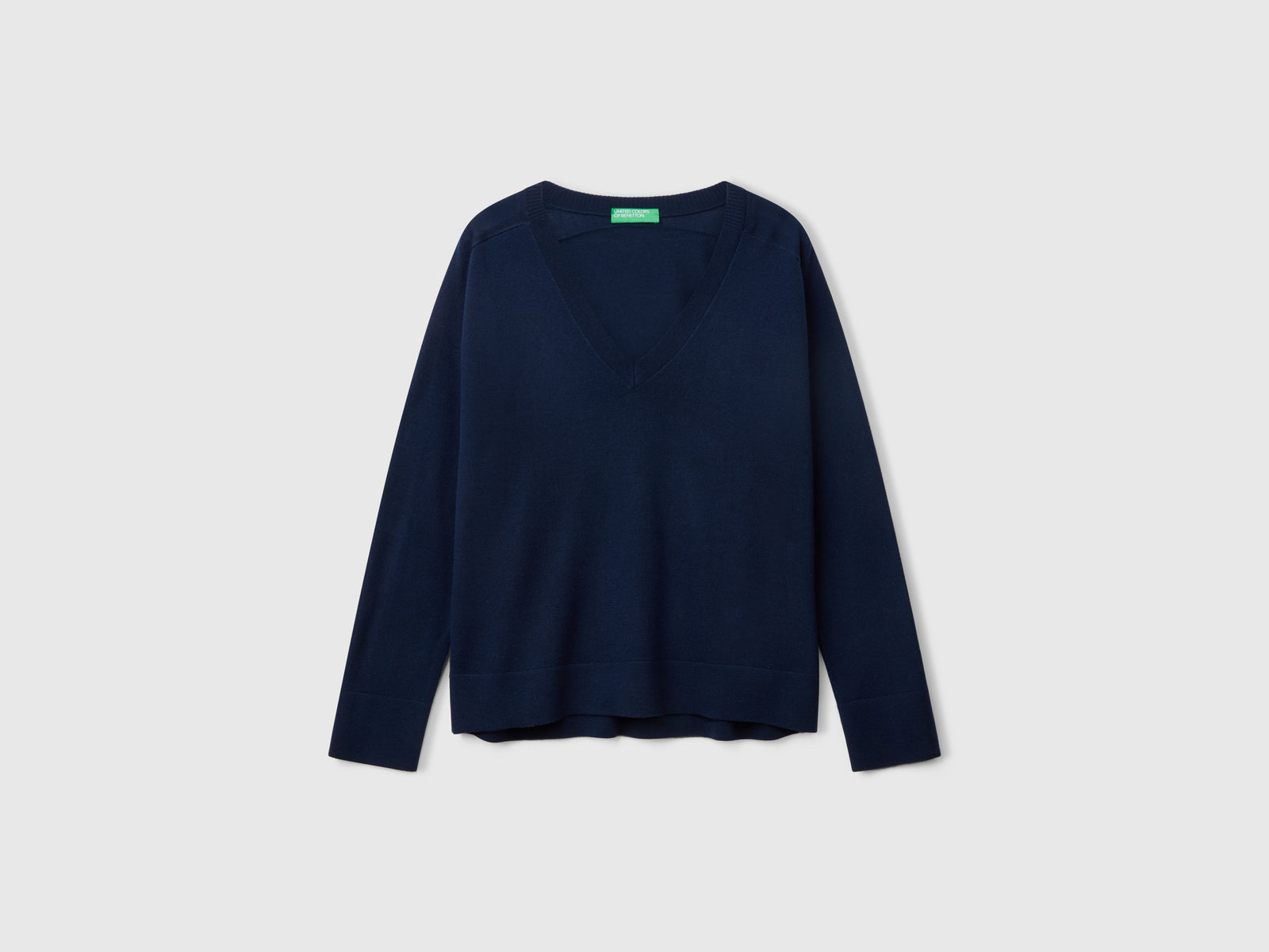 Maglia con scollo a V in pura lana Merino da donna blu scuro | Benetton Outlet
