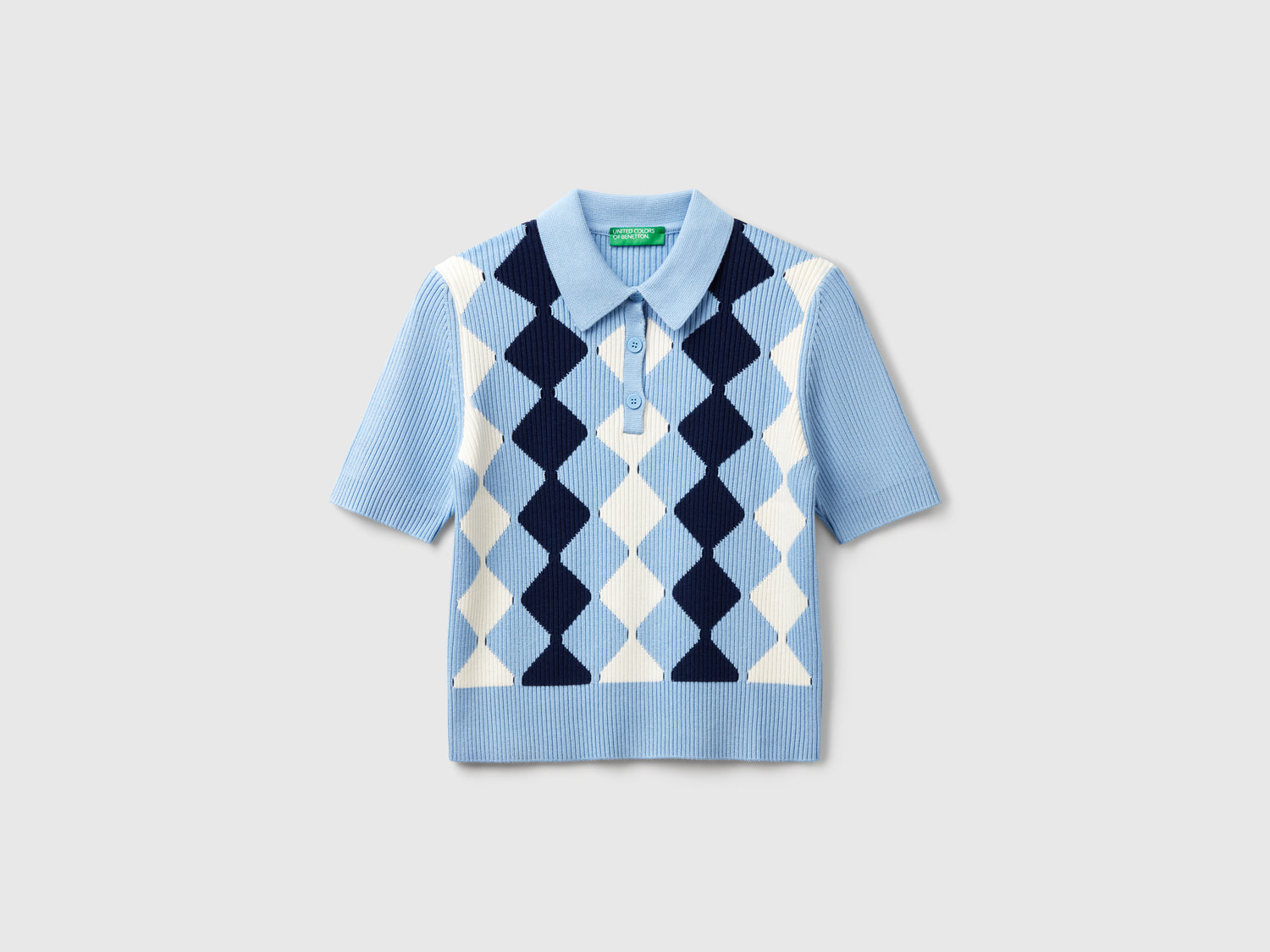 Polo in maglia con intarsio rombi da donna azzurro | Benetton Outlet