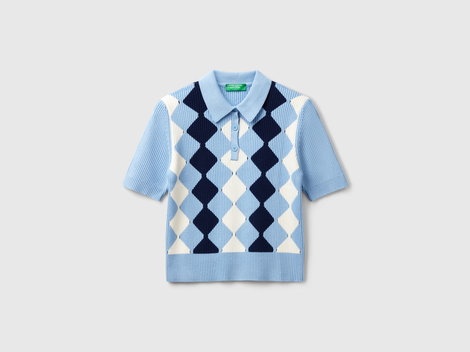 Polo in maglia con intarsio rombi da donna azzurro | Benetton Outlet