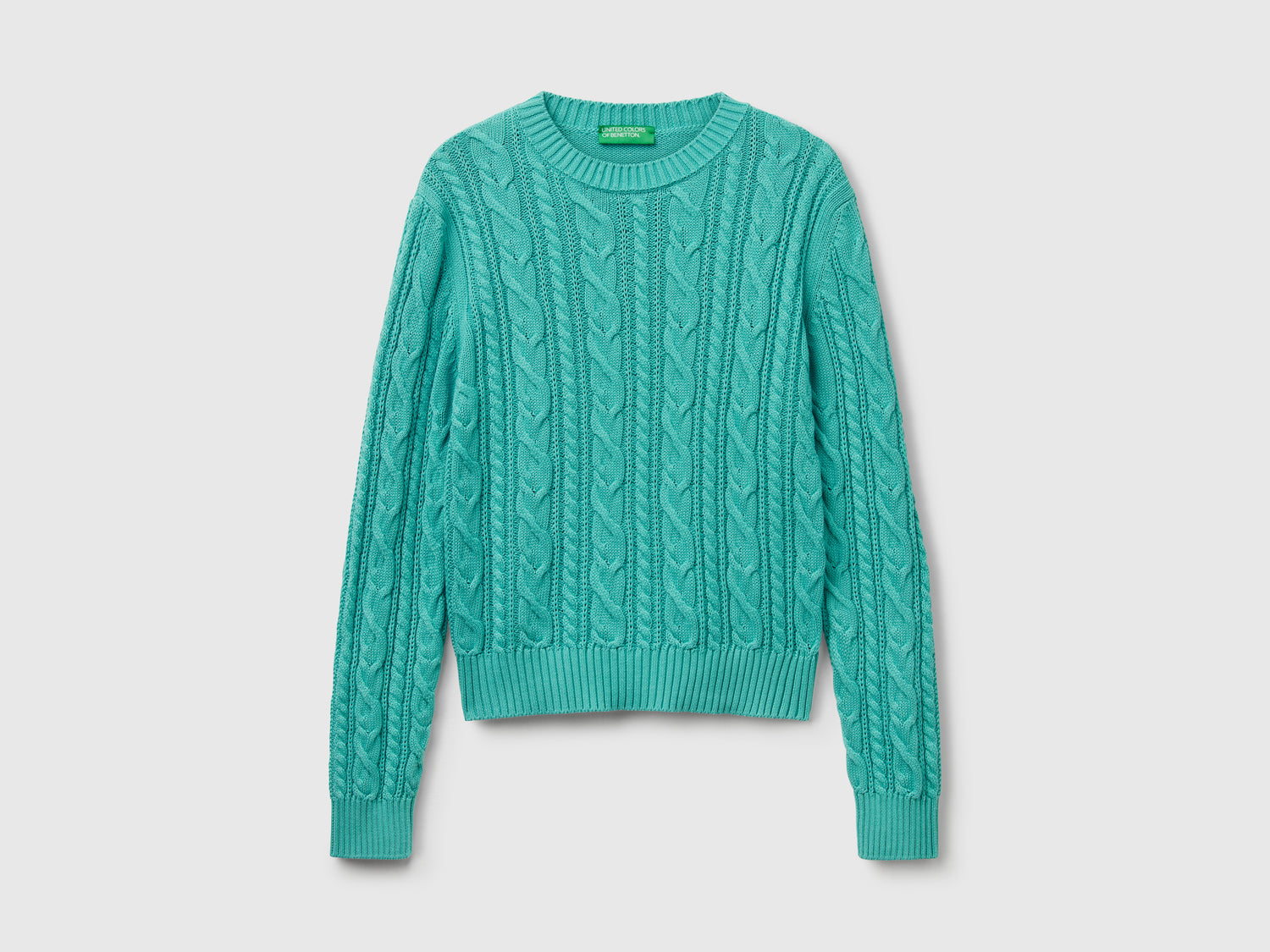 100% cotton cable knit sweater da donna verde acqua | Benetton Outlet